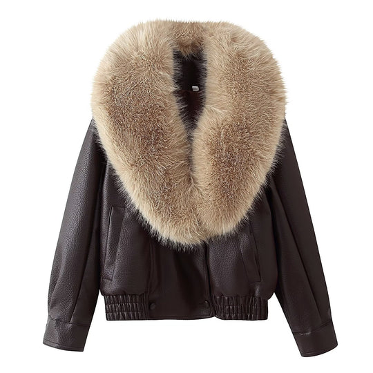 Damen Kurz geschnittene Leder-Bomberjacke mit voluminösem abnehmbarem Pelzkragen Shop Nory
