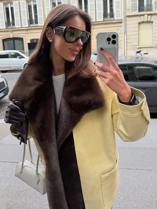 Damen Eleganter Oversize-Mantel aus Veloursleder‑Optik mit voluminösem Faux‑Fur‑Schalkragen Shop Nory
