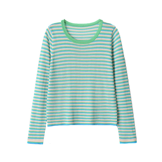 Damen Gestreiftes Feinstrick-Langarmshirt mit Rundhalsausschnitt und figurumspielender Silhouette Shop Nory