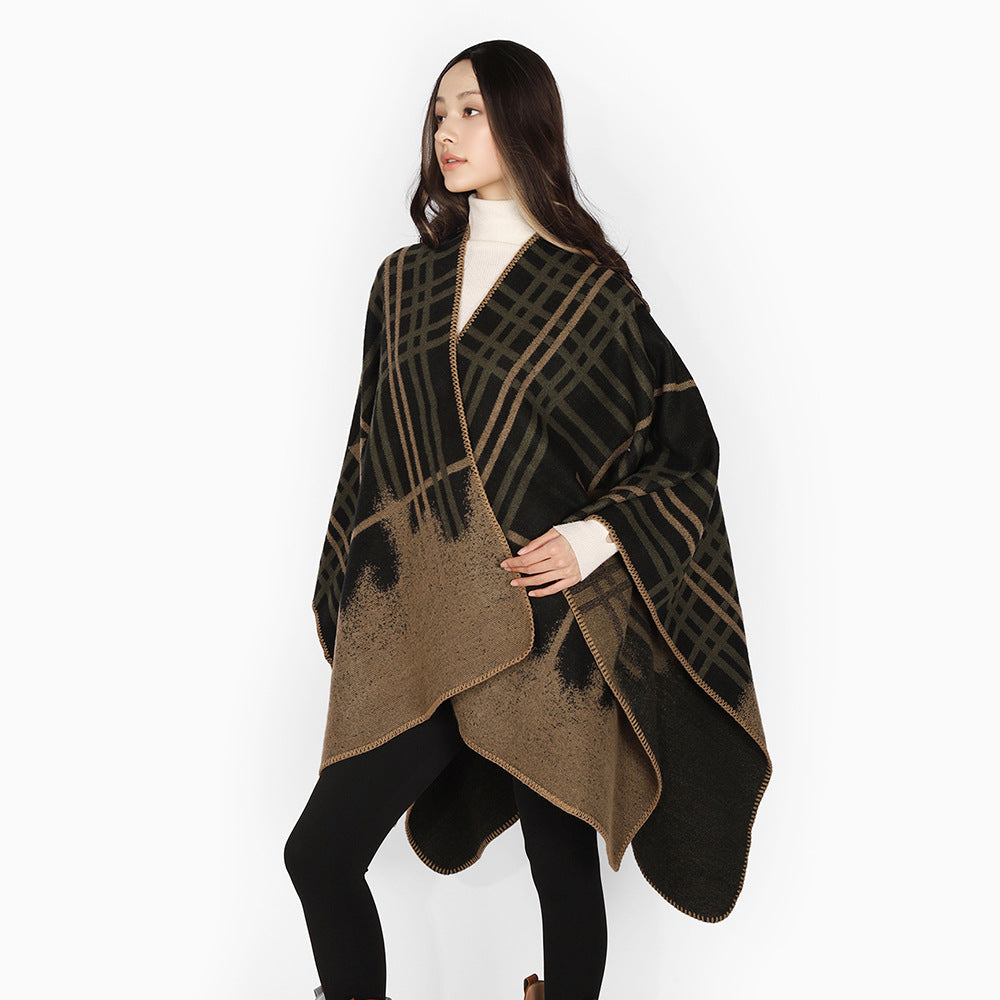 Damen Oversize-Capeponcho aus Wollmix mit Stern- und Karojacquard und weichfallendem Fall Shop Nory