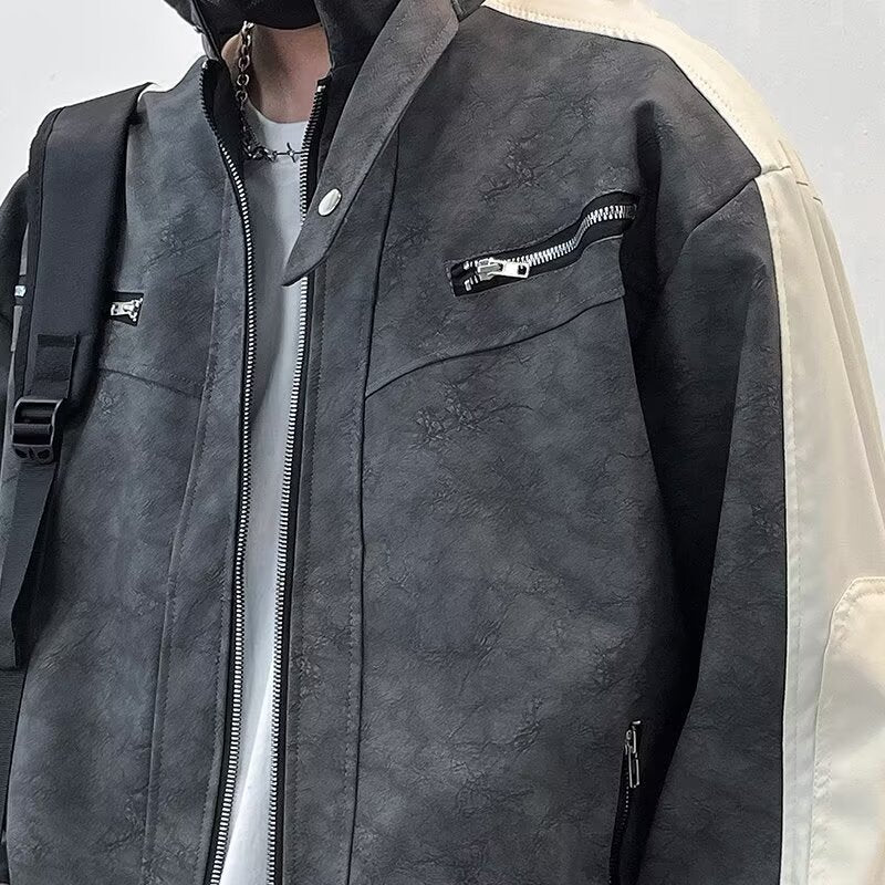 Herren Kontrastärmeliges Oversized Kunstleder-Utility-Jacke mit Stehkragen Shop Nory