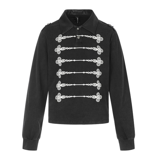 Damen Polo‑Sweatshirt im Military‑Style mit dekorativen Kordelprints und Lederkragen Shop Nory