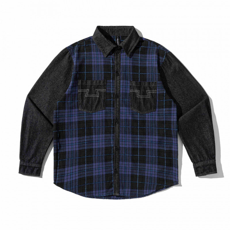 Unisex Kastenförmiges Karomix-Overshirt mit Denim-Ärmeln und Brustpattentaschen Shop Nory