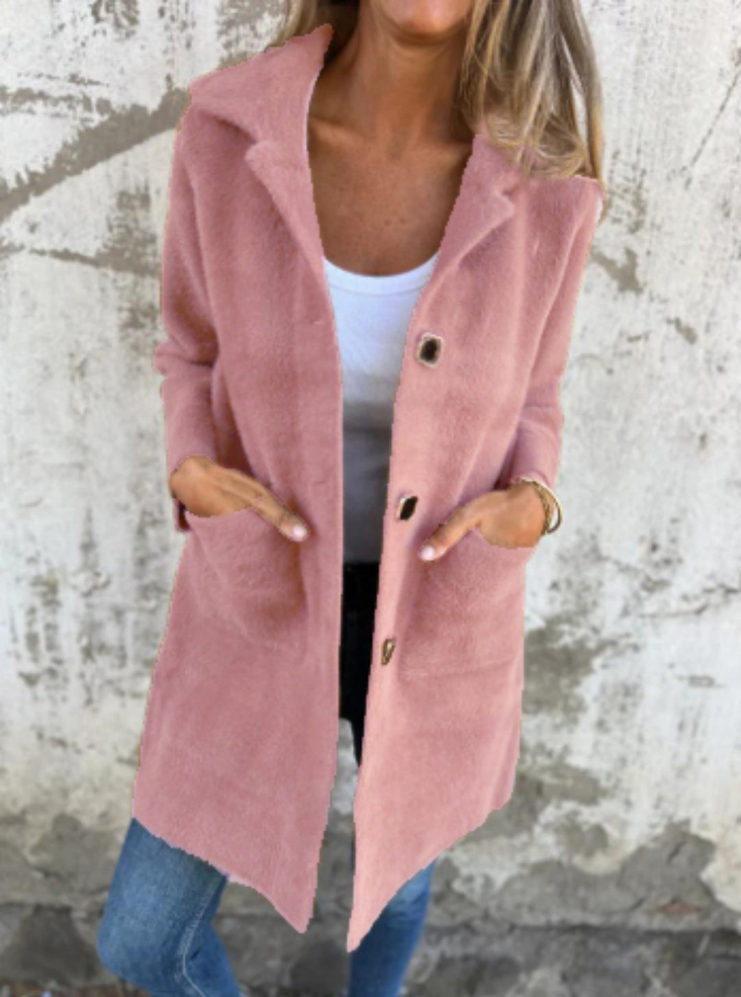 Damen Teddy-Mantel mit Oversize-Kragen, dekorativen Knöpfen und Eingrifftaschen Shop Nory
