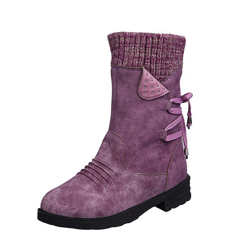 Damen Mid-Cut Stiefel mit Strickmanschette, Zierkordel und Veloursoptik Shop Nory