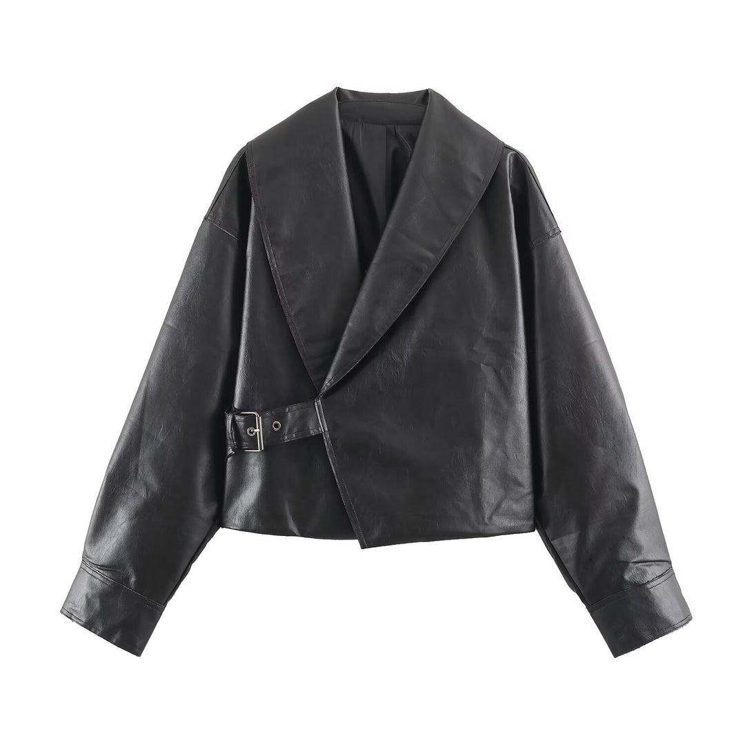 Damen Kurze Oversize-Lederoptikjacke mit weitem Schalkragen und Gürtel Shop Nory