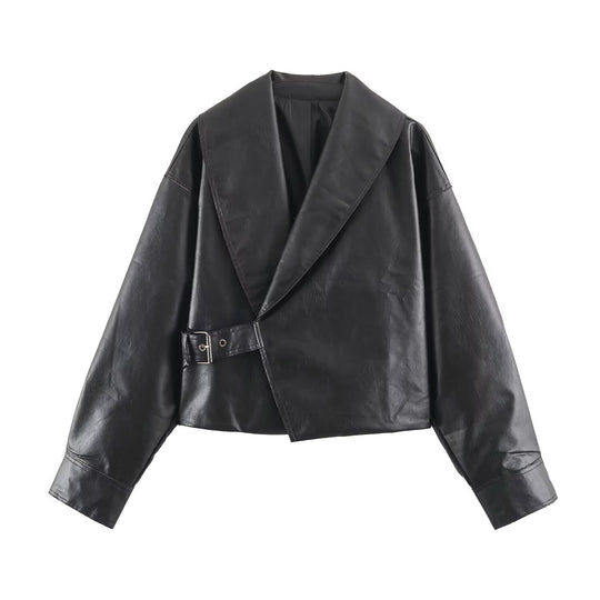 Damen Kurze Oversize-Lederoptikjacke mit weitem Schalkragen und Gürtel Shop Nory