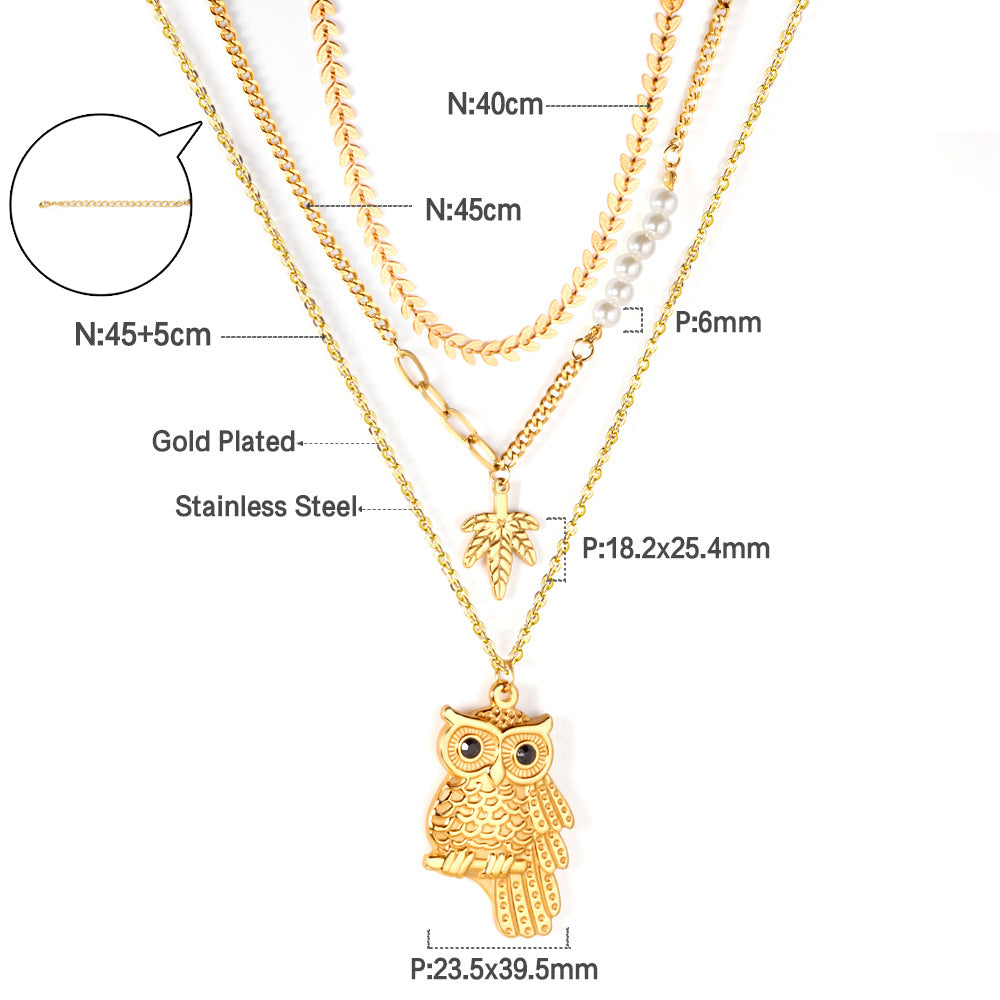 Damen mehrlagige Halskette mit Eulen-Anhänger und goldplattierten Elementen Shop Nory