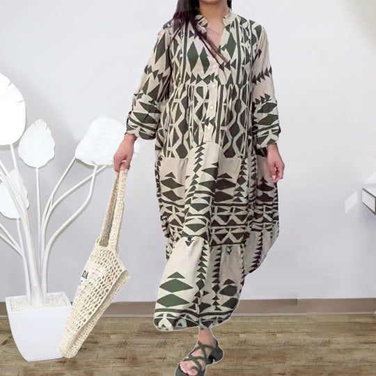 Damen Lockeres Maxikleid im Boho‑Stil mit grafischem Print, V‑Ausschnitt und Knopfleiste Shop Nory