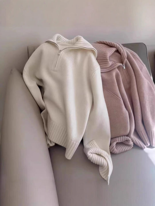 Damen Oversize Feinstrickpullover mit halbem Reißverschluss und weitem Rollkragen Shop Nory