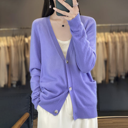 Damen Lässiger Feinstrick-Cardigan mit V‑Ausschnitt, Eingrifftaschen und breitem Rippbund Shop Nory