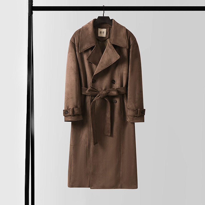 Herren Maxilanger Velours-Mantel im Trench-Look mit breitem Revers und Bindegürtel Shop Nory