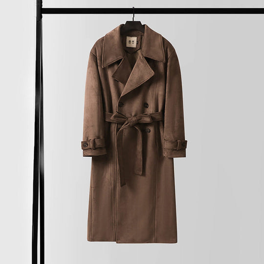 Herren Maxilanger Velours-Mantel im Trench-Look mit breitem Revers und Bindegürtel Shop Nory