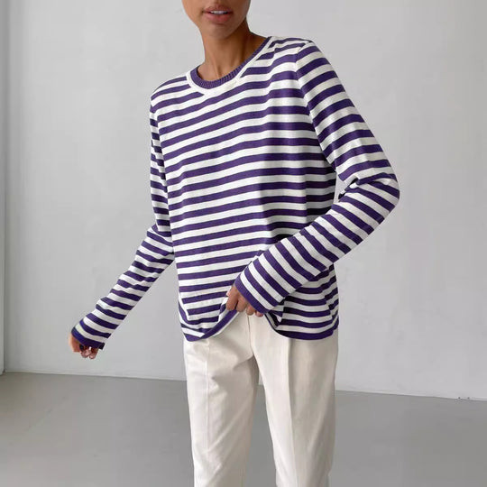 Damen nan gestreifter Baumwollpullover mit Rundhals und legerer Passform Shop Nory