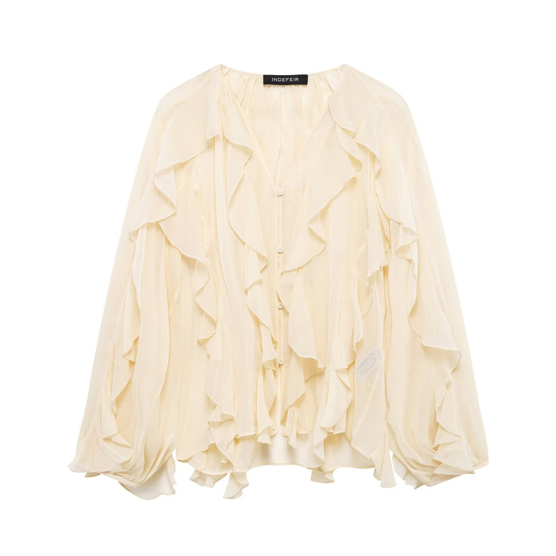 Damen Chiffon-Bluse mit vielfachen Volant-Rüschen und Knopfleiste Shop Nory
