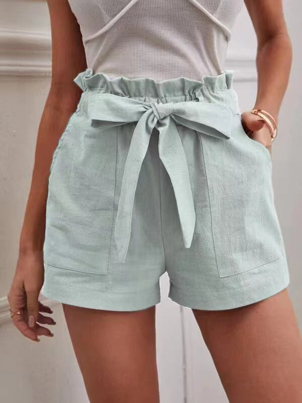 Damen kurze Lockere Leinenhose mit Bindegürtel