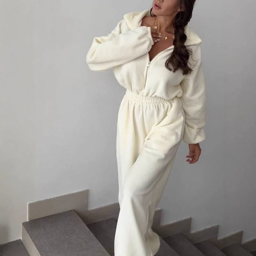 Damen kuscheliger Plüsch-Jumpsuit mit halbem Reißverschluss und elastischer Taille Shop Nory