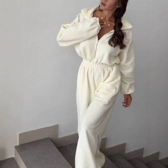 Damen kuscheliger Plüsch-Jumpsuit mit halbem Reißverschluss und elastischer Taille Shop Nory