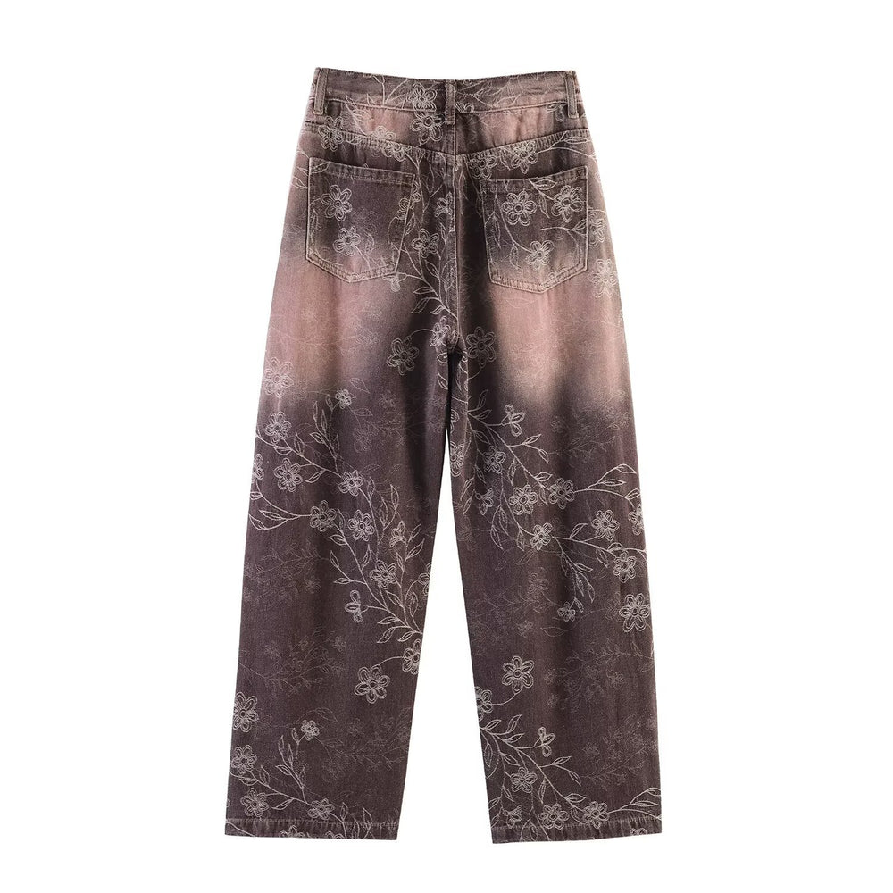 Damen Weite High‑Waist‑Jeans mit floralem Allover‑Print und Used‑Farbverlauf Shop Nory