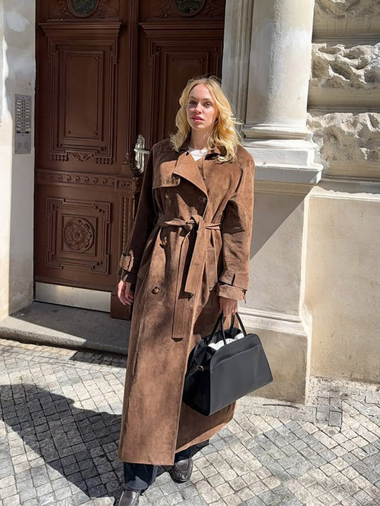 Damen Maxilanger Veloursleder‑Trenchcoat mit Bindegürtel Shop Nory