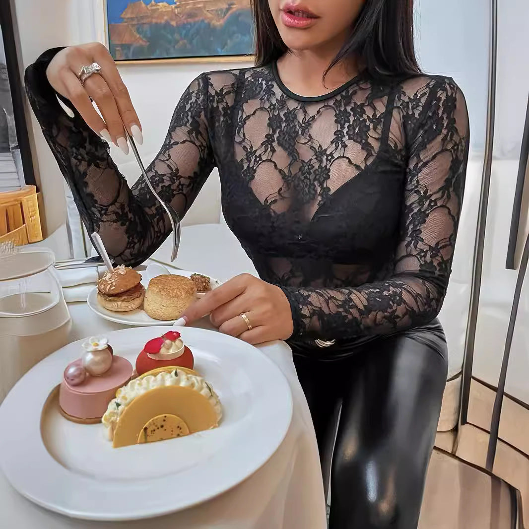 Damen Elegantes Spitzenshirt mit transparentem Design