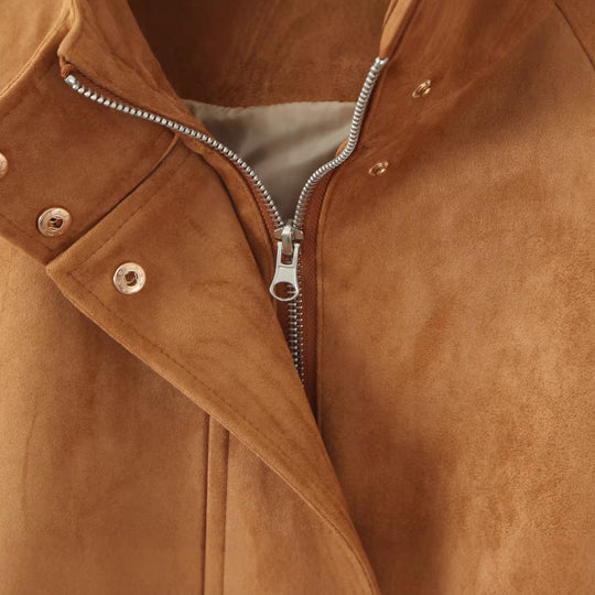 Damen Kurzjacke aus Wildleder mit Stehkragen, verdecktem Reißverschluss und Tunnelzug Shop Nory