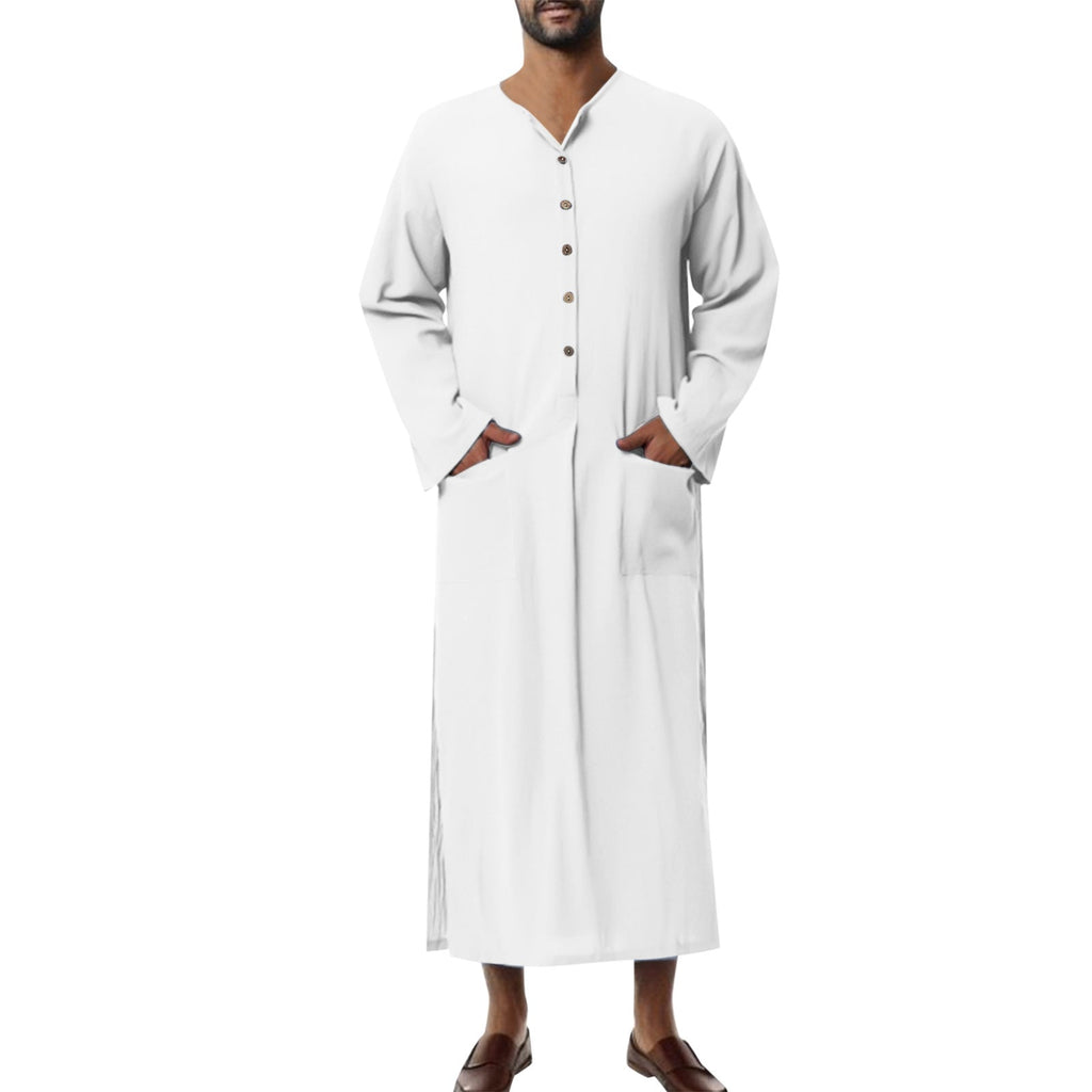 Herren nan weites langes Tunika-Kaftan aus atmungsaktivem Leinen mit Stehkragen Knopfblende und aufgesetzten Taschen
