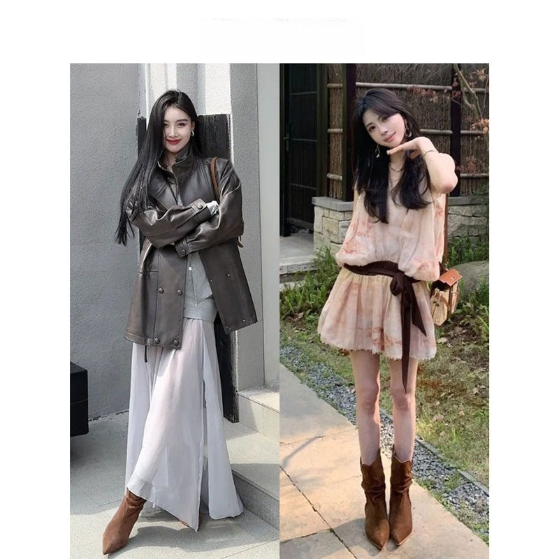 Damen Midcalf Slouch‑Stiefel aus Veloursleder mit spitzer Zehenpartie und sculpted Kitten‑Absatz Shop Nory