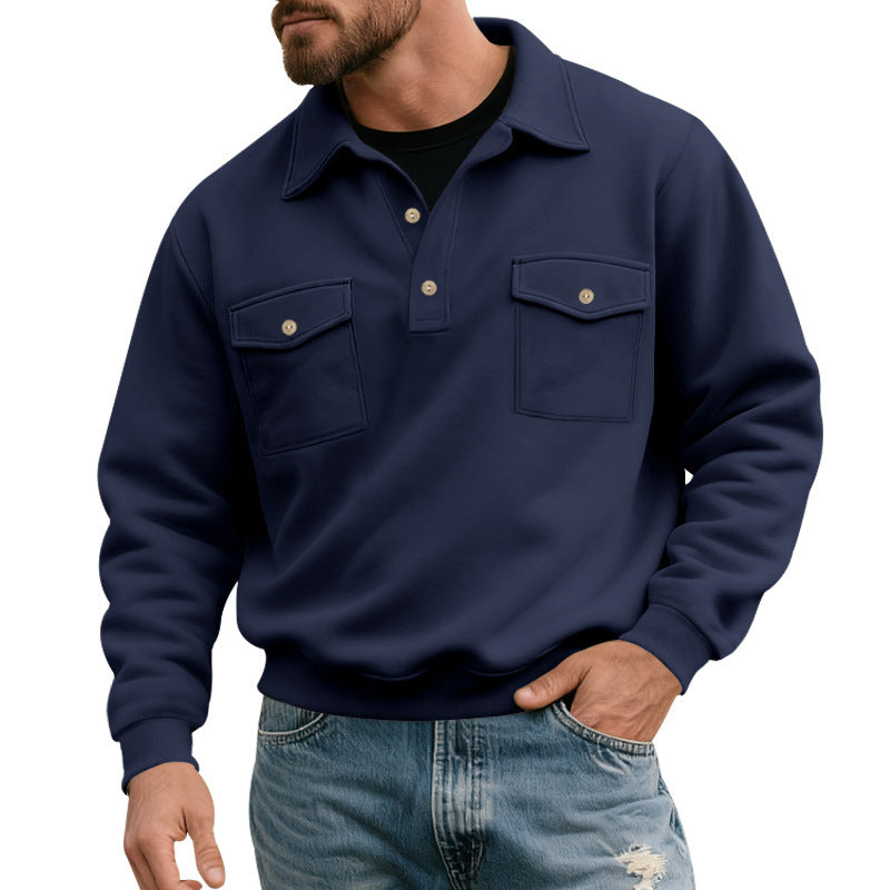 Herren nan legerer Button-Polo-Sweatshirt mit aufgesetzten Brustklappen und gerippten Bündchen Shop Nory