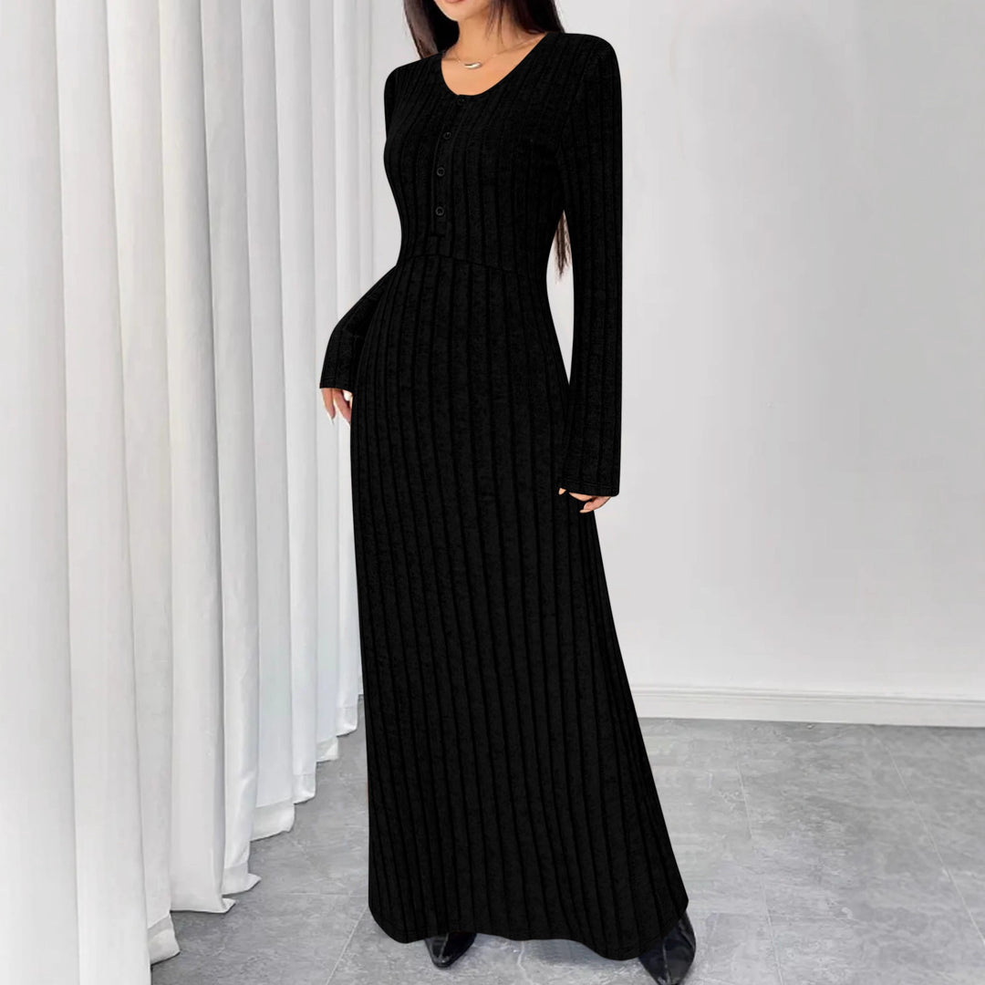 Damen Geripptes Maxi-Strickkleid mit Taillennaht und Knopfleiste Shop Nory