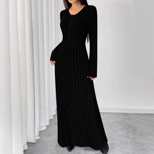 Damen Geripptes Maxi-Strickkleid mit Taillennaht und Knopfleiste Shop Nory