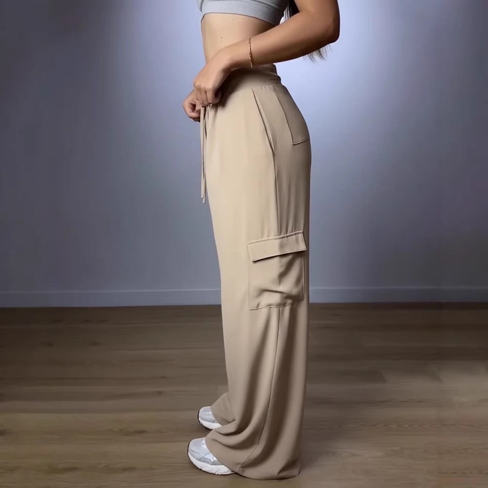 Damen Hochtaillierte Cargo-Hose mit weitem Bein, Tunnelzug und Bundfalten Shop Nory