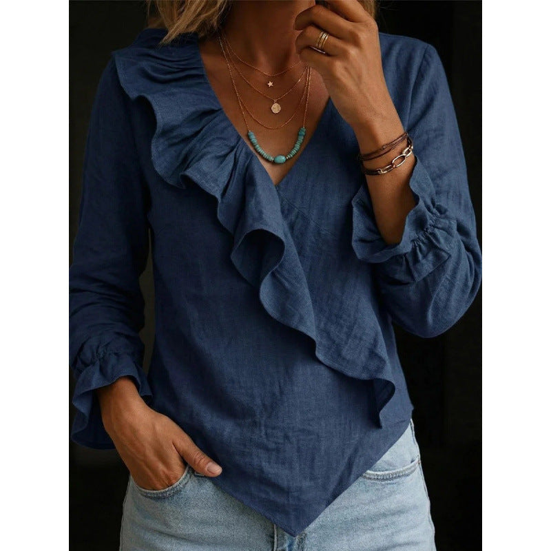 Damen Volant‑Bluse im Leinenlook mit Wickeloptik und asymmetrischem Zipfelsaum Shop Nory