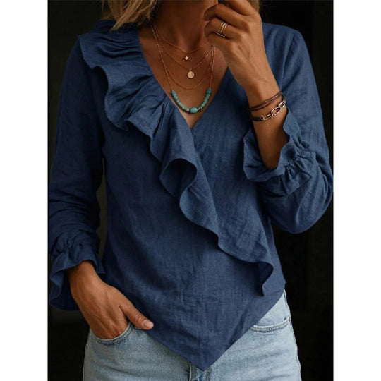 Damen Volant‑Bluse im Leinenlook mit Wickeloptik und asymmetrischem Zipfelsaum Shop Nory