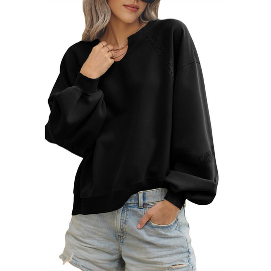 Damen Lässiges Sweatshirt mit V-Notch, Spitzeneinsätzen und Ballonärmeln Shop Nory