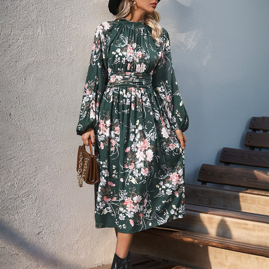 Damen Midikleid mit floralem Alloverprint, Stehkragen und Drapiertem Taillengürtel Shop Nory