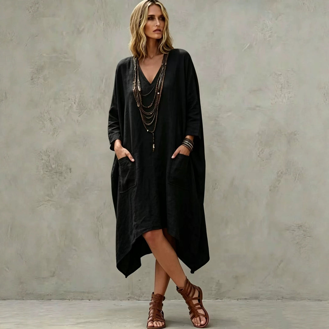 Damen nan Oversize Kaftankleid mit V-Ausschnitt, Eingrifftaschen und asymmetrischem Saum Shop Nory
