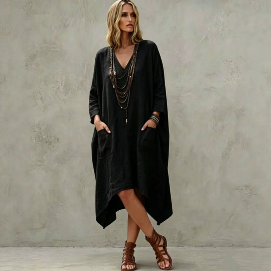 Damen nan Oversize Kaftankleid mit V-Ausschnitt, Eingrifftaschen und asymmetrischem Saum Shop Nory