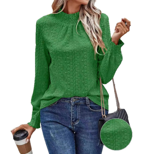 Damen Lochspitzen-Bluse mit gerafftem Stehkragen und Smok-Ärmeln Shop Nory