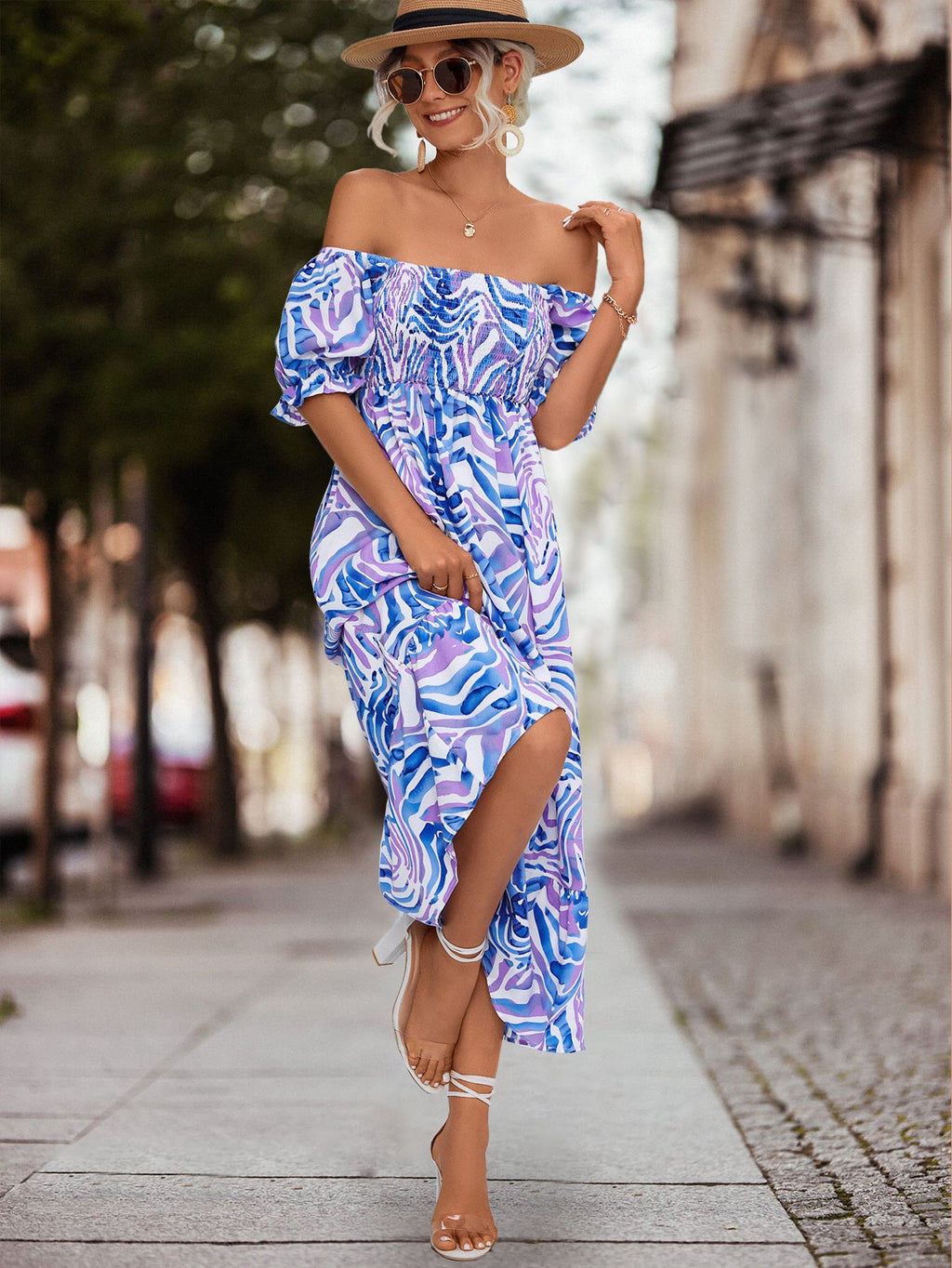 Damen Off-Shoulder Maxikleid mit floralen Akzenten und elastischer Taillierung