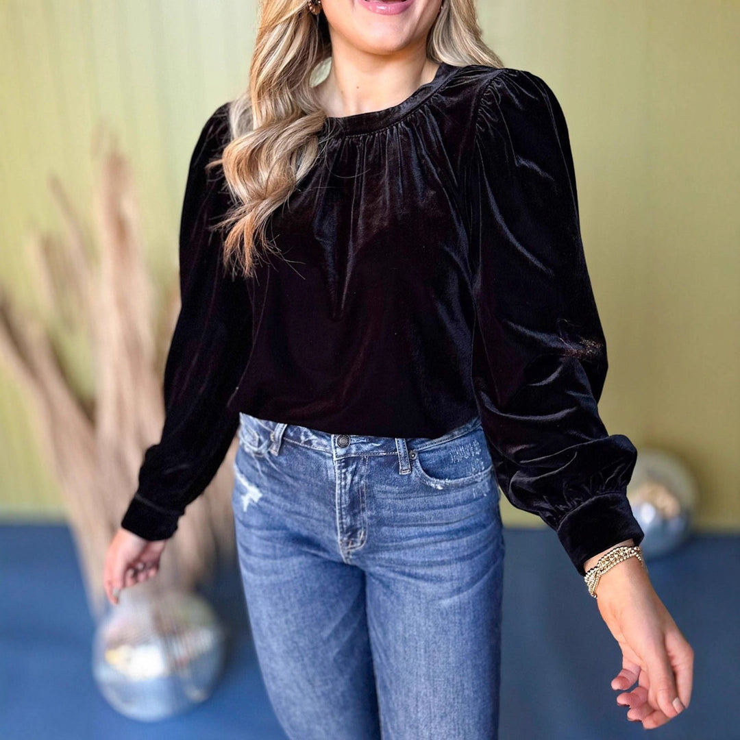 Damen Samtbluse mit Ballonärmeln und gerafftem Stehkragen Shop Nory