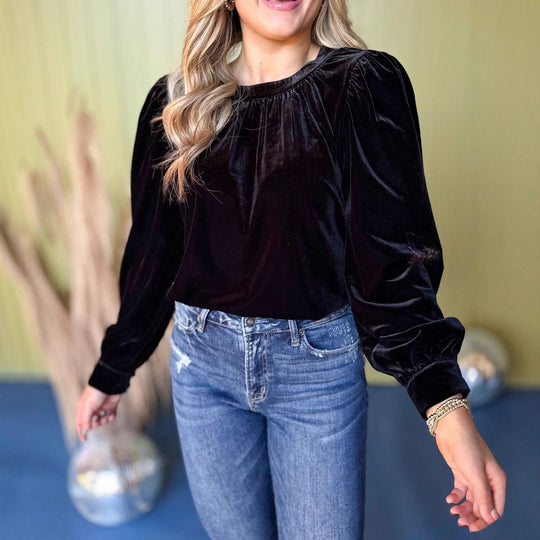 Damen Samtbluse mit Ballonärmeln und gerafftem Stehkragen Shop Nory