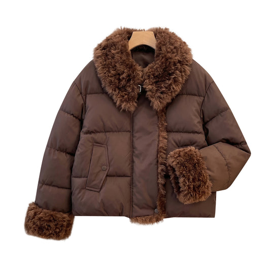 Damen nan wattierte Kurzjacke mit voluminösem Kunstfellkragen und Bommelbändern Shop Nory