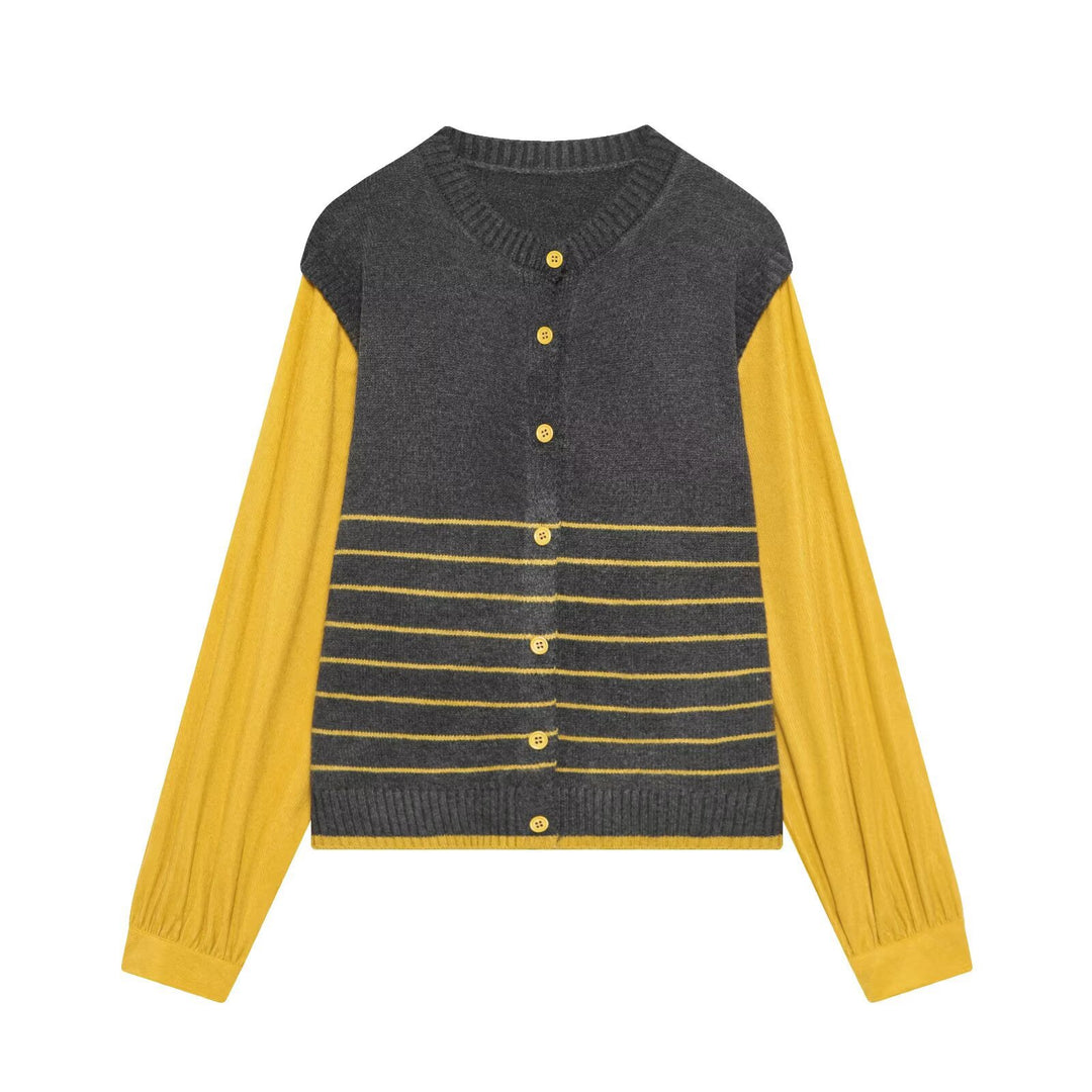 Damen Lagenlook-Strickcardigan mit gestreiftem Westeinsatz und Volumenärmeln Shop Nory