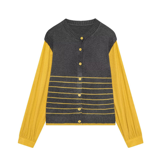Damen Lagenlook-Strickcardigan mit gestreiftem Westeinsatz und Volumenärmeln Shop Nory