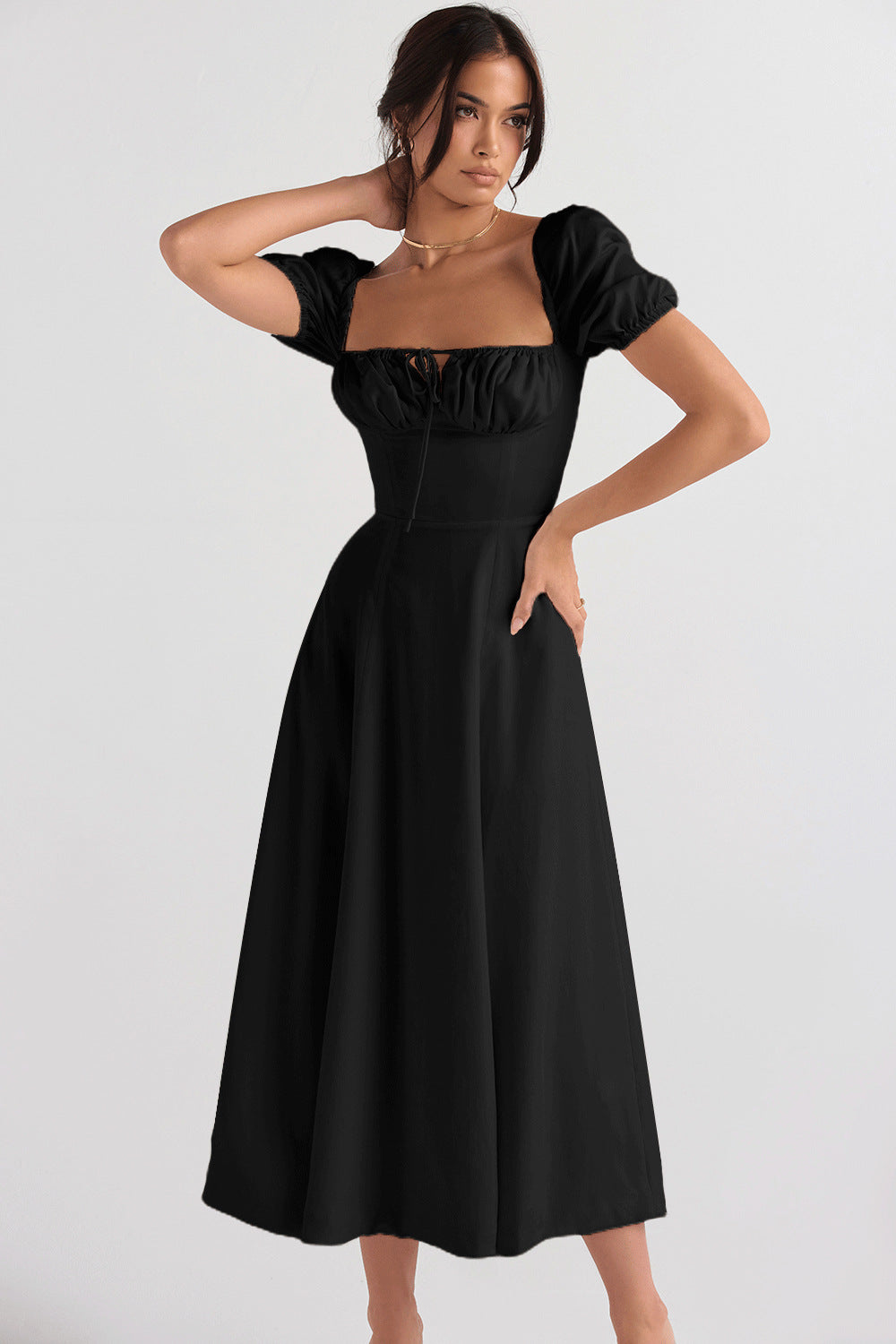 Damen Midi-Kleid mit gerafftem Oberkörper und ausgestelltem Rock