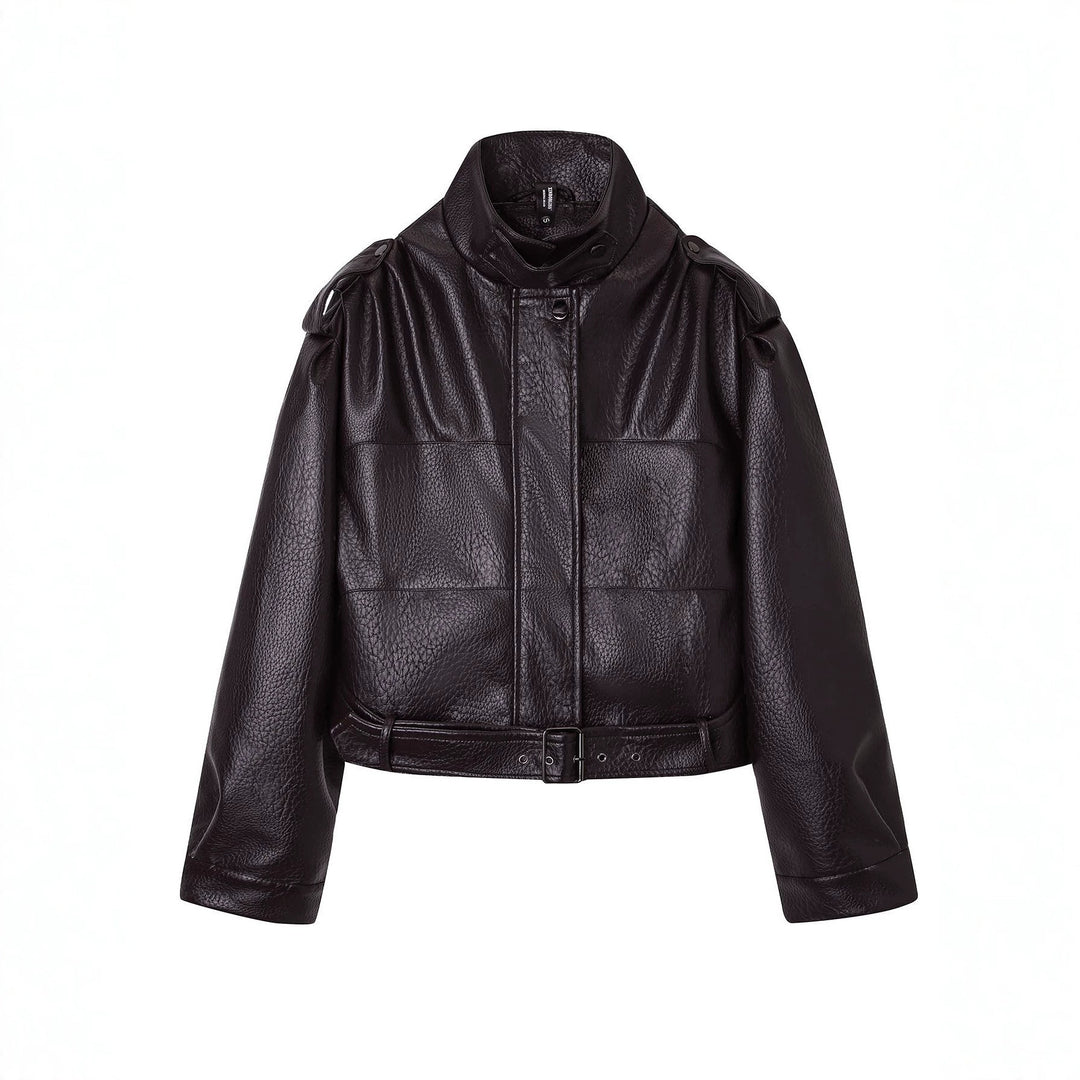 Damen Kurzjacke im Utility-Look aus strukturierter Kunstlederoptik mit hohem Stehkragen und verstellbarem Taillengürtel Shop Nory