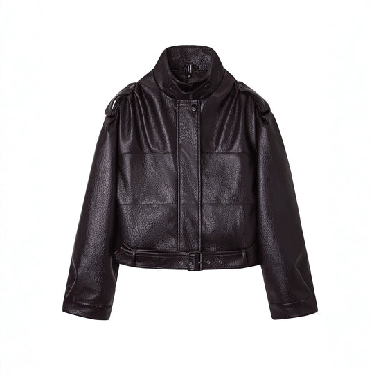 Damen Kurzjacke im Utility-Look aus strukturierter Kunstlederoptik mit hohem Stehkragen und verstellbarem Taillengürtel Shop Nory