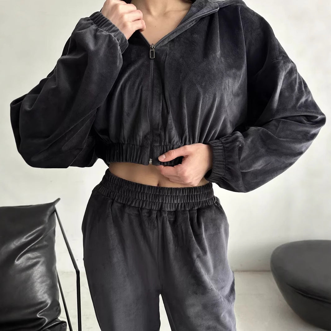 Damen Cropped Samt-Loungewear-Set mit kurzem Reißverschluss, elastischem Taillenbund und weiter Jogginghose Shop Nory
