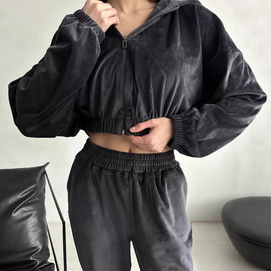 Damen Cropped Samt-Loungewear-Set mit kurzem Reißverschluss, elastischem Taillenbund und weiter Jogginghose Shop Nory
